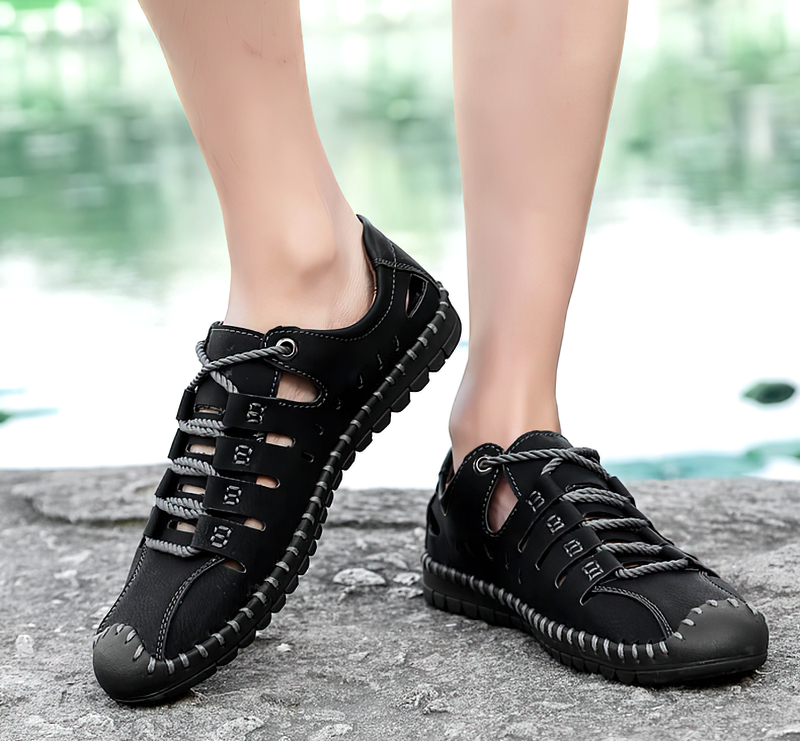 Men's lace-up leather outdoor water shoes, black, featuring durable rubber soles, perfect for hiking and casual outdoor activities.